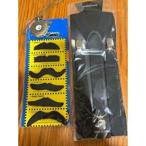 Gatsby Costume Mustache, Pocket Watch, and Suspenders, NEW